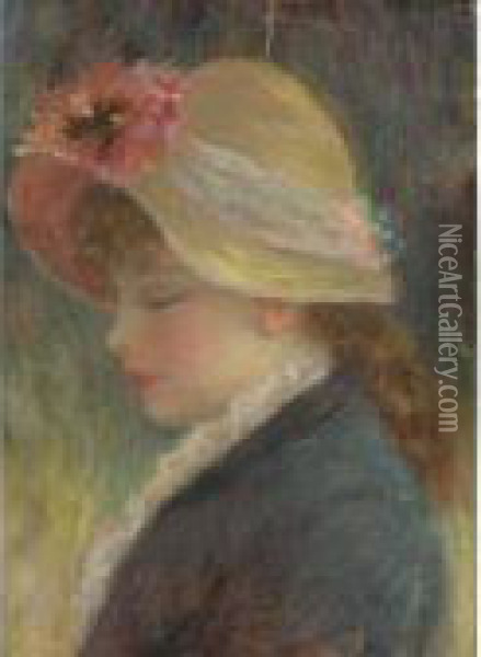 A Young Girl In A Flowered Hat Oil Painting - Pierre Auguste Renoir