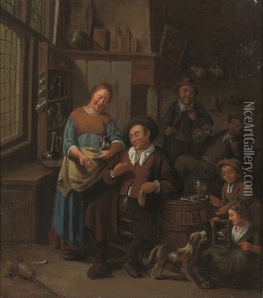 A Tavern Interior, With Boors Smoking And Drinking, And A Girl With A Dog Oil Painting - Gillis de Winter