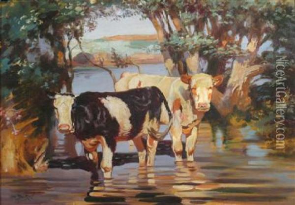 Cows Watering Oil Painting - Otto Struttzel