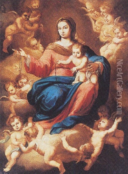 The Madonna And Child Surrounded By Putti Oil Painting - Cornelis Schut III