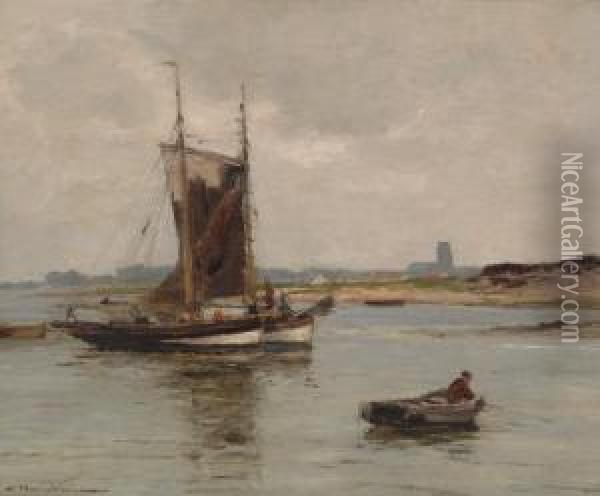 Boats On A River Oil Painting - Wilhelm Hambutchen