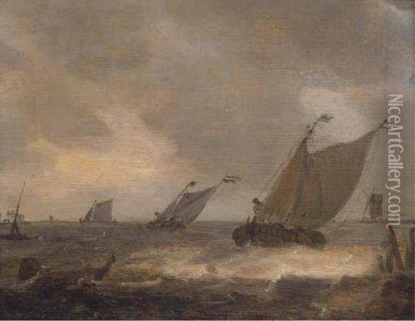Dutch Barges In A Stiff Breeze Offshore Oil Painting - Johannes Pietersz. Schoeff