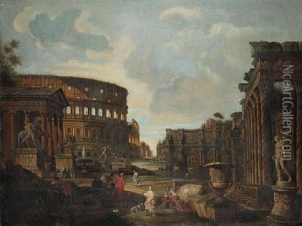 A Capriccio Of Roman Ruins With The Colosseum And The Arch Of Constantine Oil Painting - Giovanni Paolo Panini