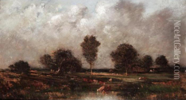 Cattle Watering In A Marshy Field Oil Painting - Leon Victor Dupre