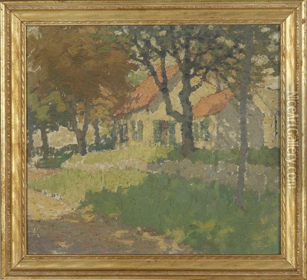 Impressionistic Landscape With A Yellow House Behind Trees Oil Painting - Mary Gine Riley
