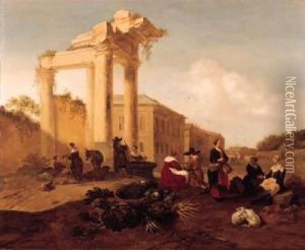 A Market Near A Fountain By A Classical Ruin In An Italianpiazza Oil Painting - Hendrick Mommers