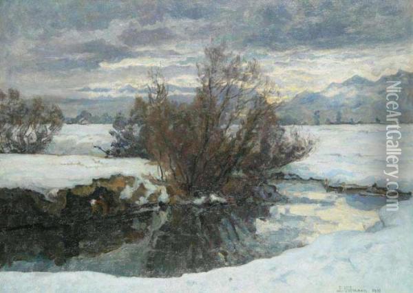 A Winter Landscape With A Pond Oil Painting - Julius Ullmann