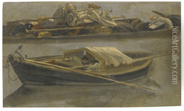 A Boat With Two People Seated Inside And A Barge With Merchandise Oil Painting - Luca Carlevarijs