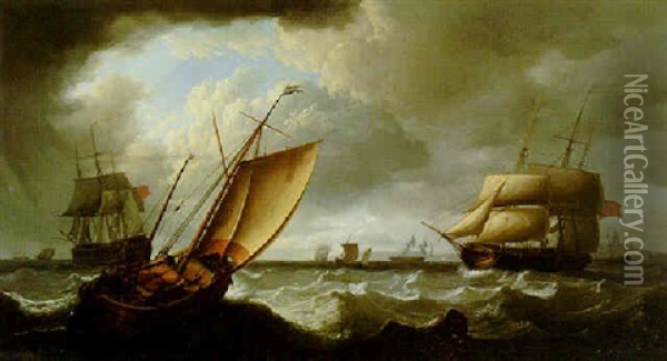 Man-o'-war And Sailing Ships Off Shore Oil Painting - Charles Martin Powell