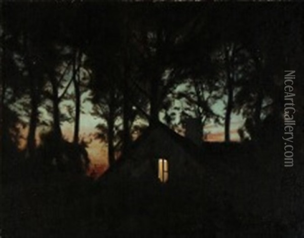 Dusky View With A House, Light Coming From An Open Window Oil Painting - Harald Slott-Moller