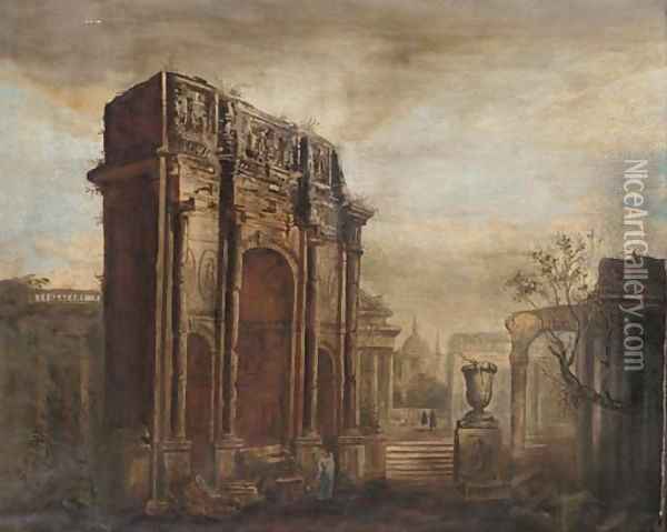 A capriccio of the Roman Forum Oil Painting - Giovanni Paolo Panini