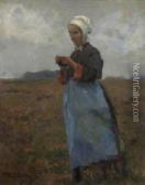 Strickende Frau. 1896 Oil Painting - Hermann Groeber