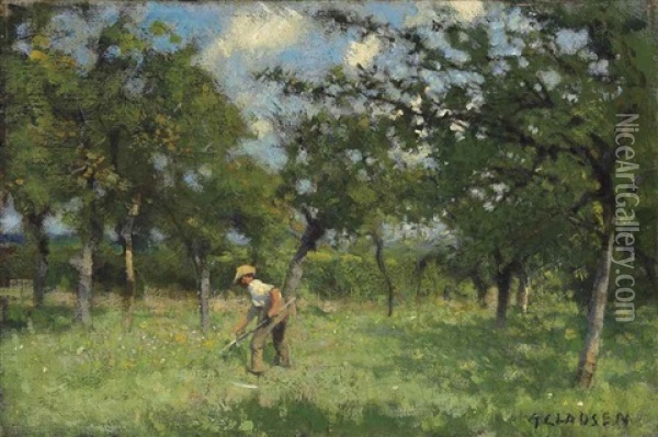 A Man Scything In An Orchard Oil Painting - Sir George Clausen