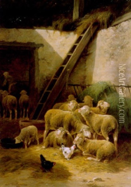 Schafe Und Huhner Im Stall Oil Painting - Jules Bahieu