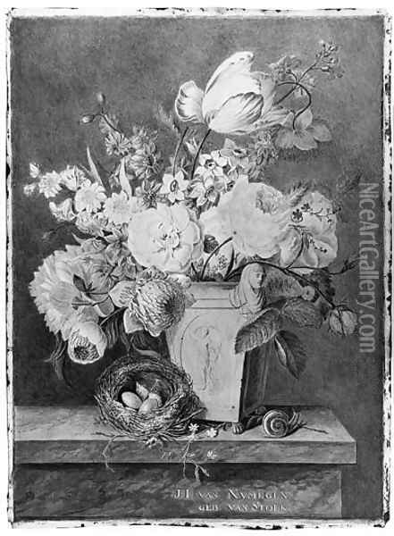 A Pot with Flowers, a bird's nest and a snail on a marble plinth Oil Painting - Johanna Ida Van Nijmegen-Van Stolk