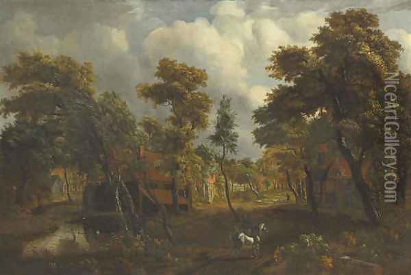 A wooded river landscape with travelers on a path Oil Painting - Meindert Hobbema