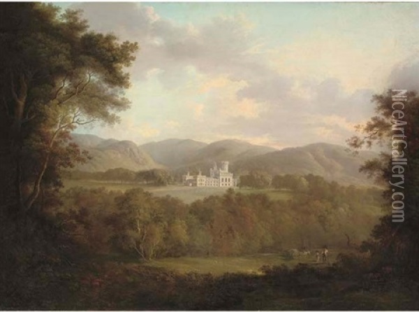 View Of Dreghorn Castle, Midlothian, With Figures And A Hay Cart In The Foreground Oil Painting - Alexander Nasmyth