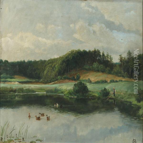 Landscape With Lake, Ordrup Mose Oil Painting - Olaf August Hermansen