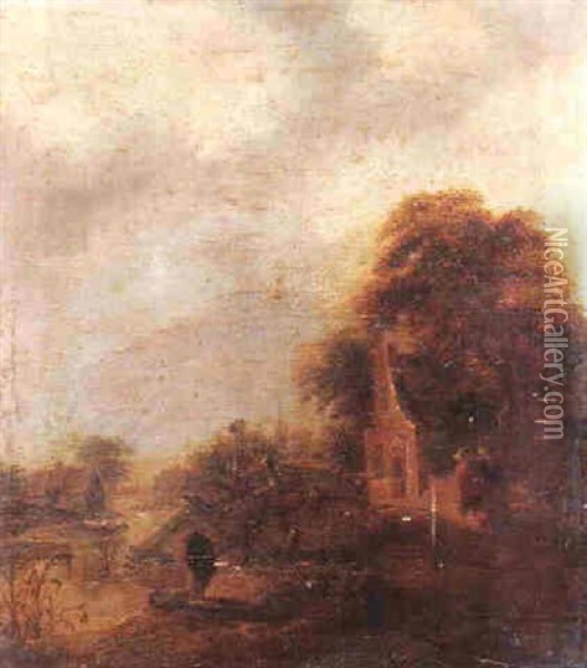A River Landscape With Two Figures Fishing In The Foreground, Cottages And A Church Oil Painting - Nicolaes Molenaer