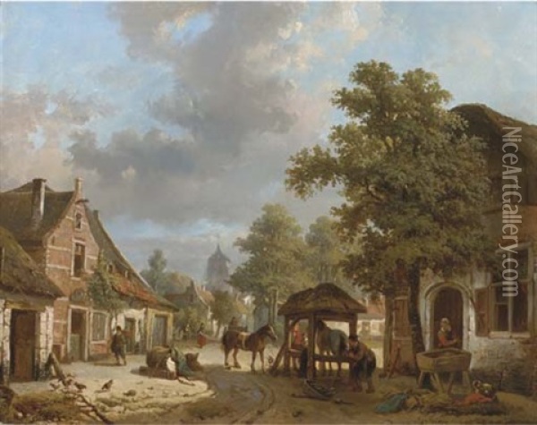 Setting The Horseshoe: A Village In Sunlight Oil Painting - Laurent Herman Redig
