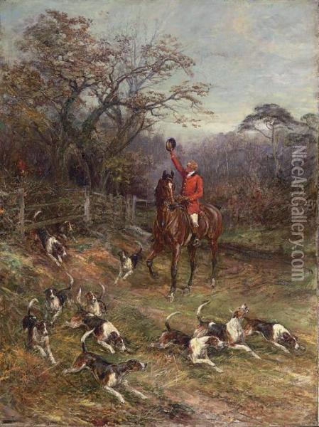 Hounds On The Scent Leaving A Covert Oil Painting - Heywood Hardy