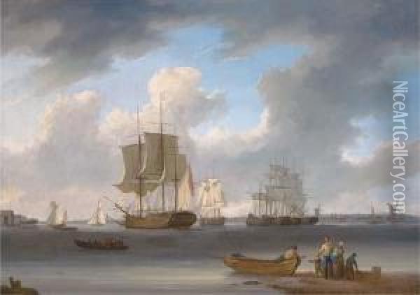 A Three-master And Other Ships 
On The Thames At Millwall, Withcolliers Moored In The Middle Of The 
River Oil Painting - William Anderson