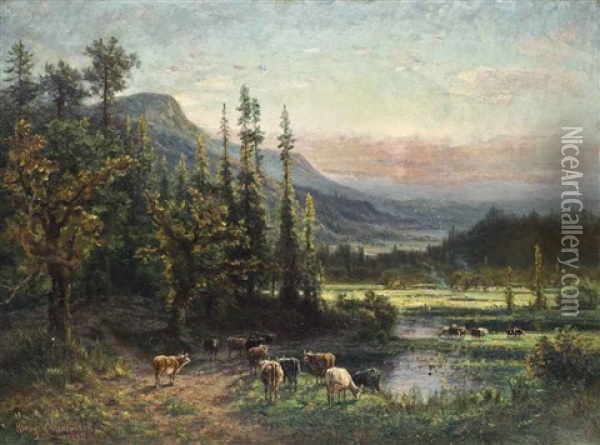 Cows Grazing By A Pool In A Mountainous North American Landscape Oil Painting - Henry Cleenewerck