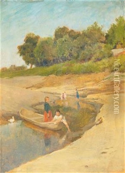 Children Playing In A Stream In Summer Oil Painting - Lajos Deak Ebner