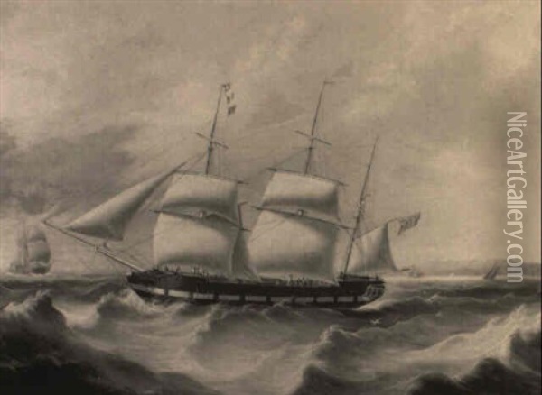 Barque And Other Vessels In Stormy Seas Off Coast Oil Painting - Joseph Heard