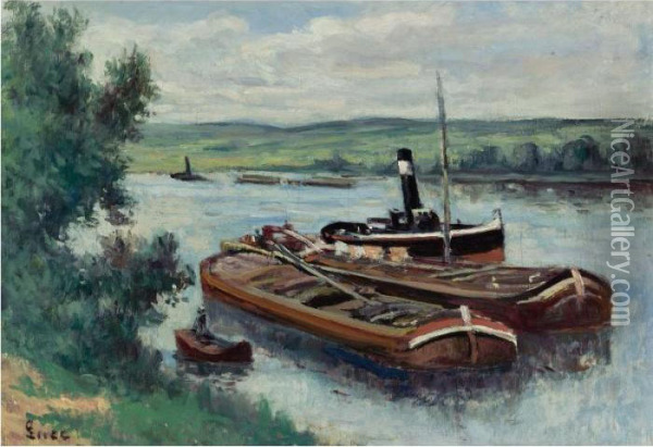 Vapeur Et Peniches Sur La Seine A Mericourt Oil Painting - Maximilien Luce