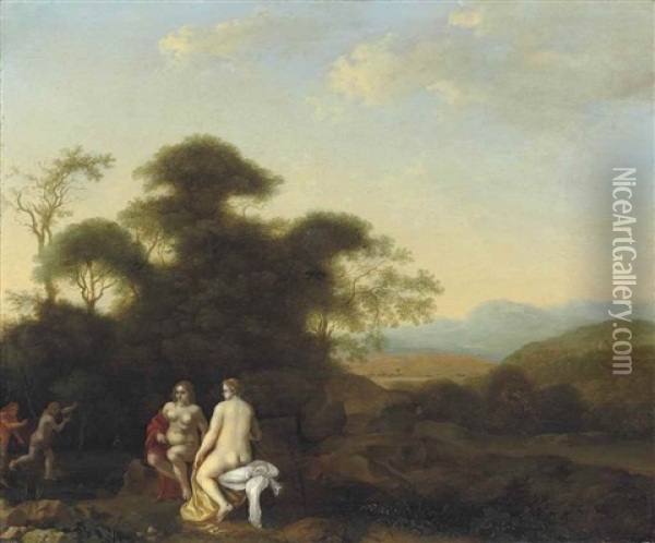 A Wooded Landscape With Nymphs Bathing, A Satyr Chasing A Nymph Beyond Oil Painting - Abraham van Cuylenborch