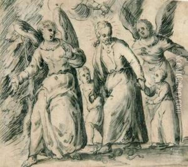 Christus Fuhrt Zwei Kinder, Von Engeln Begleitet. Oil Painting - Hermann Weyer