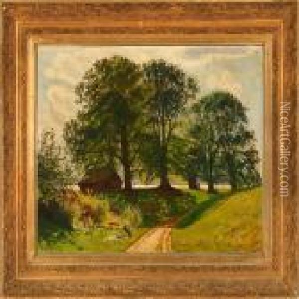 Summer Morning At A Country Road Oil Painting - Olaf Viggo Peter Langer