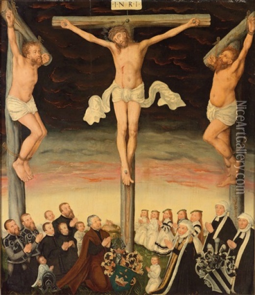 Christus Am Kreuz Mit Stiftern Und Ihren Wappen Oil Painting - Lucas Cranach the Younger