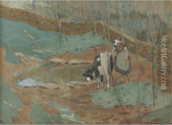 Woman And Cow In A Landscape Oil Painting - Frederick Carl Frieseke