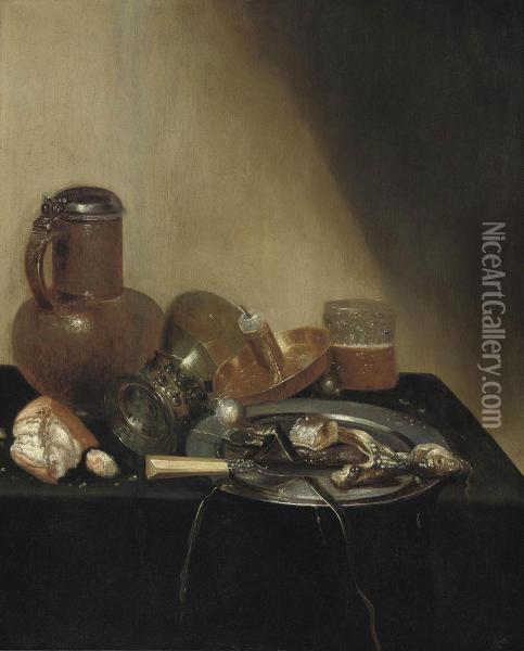 A 'pronk' Still Life, With A Herring On A Pewter Plate, An Earthenware Jug, A Loaf Of Bread, An Upturned Roemer, A Candle Holder, And A Beer Glass On A Draped Table Oil Painting - Willem Claesz. Heda