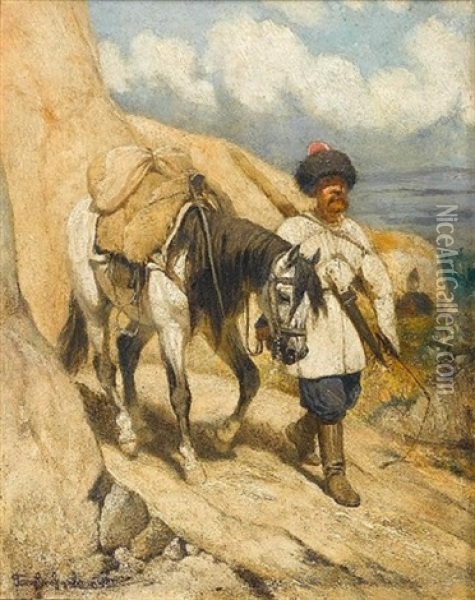 A Cossack With His Horse Oil Painting - Anton (Josef A.) Strassgschwandtner