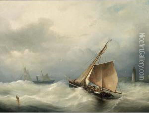 Sailing Vessels On A Choppy Sea Oil Painting - Nicolaas Riegen