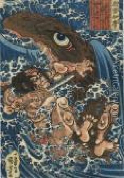 Izumo No Imaro Killing The Giant Shark Which Had Eaten His Daughter, Signed Oil Painting - Utagawa Kuniyoshi