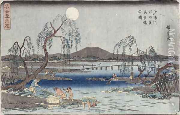 Catching Fish by Moonlight on the Tama River from a series Snow Moon and Flowers Oil Painting - Utagawa or Ando Hiroshige