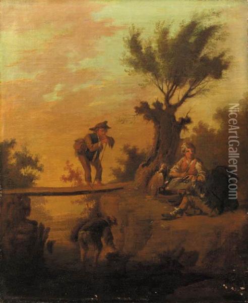 Shepherds Resting In A Landscape Oil Painting - Joseph Conrad Seekatz