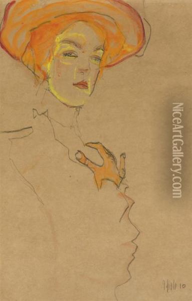 Bildnis Einer Dame Mit Orangefarbenem Hut Oil Painting - Egon Schiele