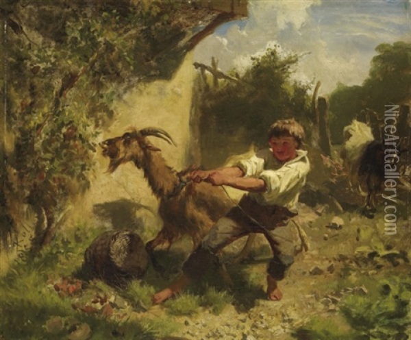Knabe Mit Ziege In Landschaft Oil Painting - Johann Rudolf Koller