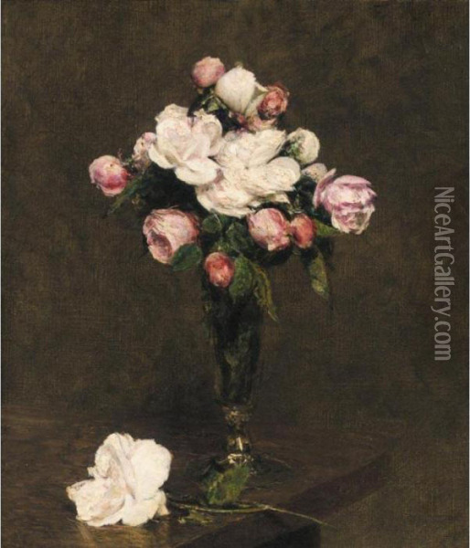 Roses Blanches Et Roses Dans Un Verre A Pied Oil Painting - Ignace Henri Jean Fantin-Latour