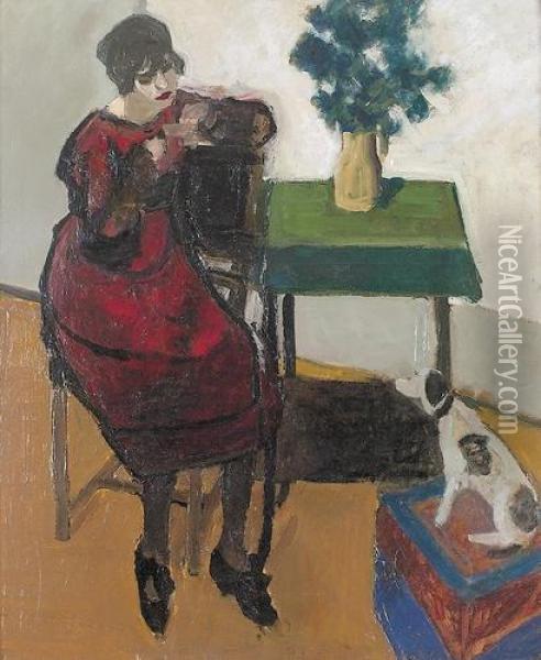 Femme Au Chien. Oil Painting - Marius Borgeaud