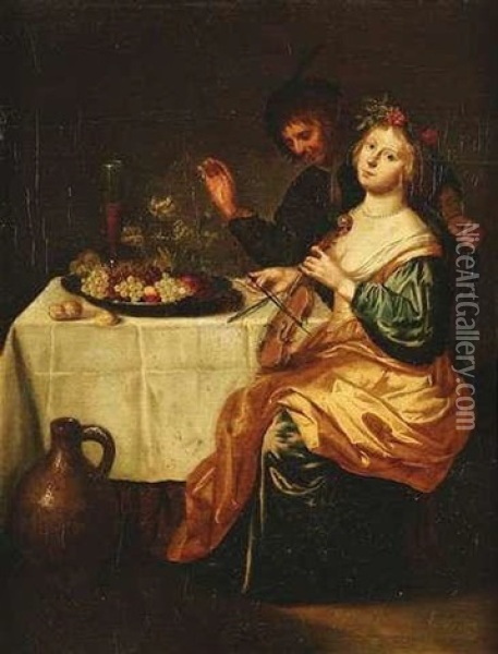 Eine Junge Frau Sitzt An Einem Reich Gedeckten Tisch Und Spielt Auf Einer Geige Oil Painting - Judith Leyster