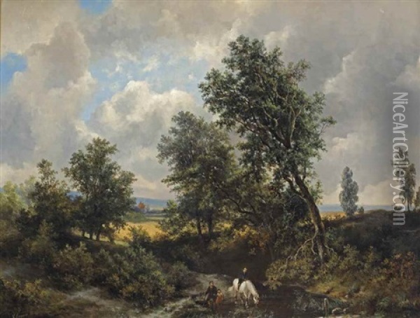 A Wooded Landscape With Figures By A Stream Oil Painting - Pieter Lodewijk Francisco Kluyver
