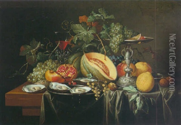 Still Life Melons, Pomegranates, Grapes And Other Fruits All On A Table Draped With A Grey Cloth Oil Painting - Alexander Coosemans