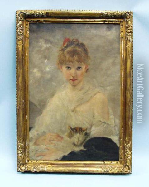 Portrait Of Ayoung Girl With A Sleeping Cat Oil Painting - Charles Josua Chaplin