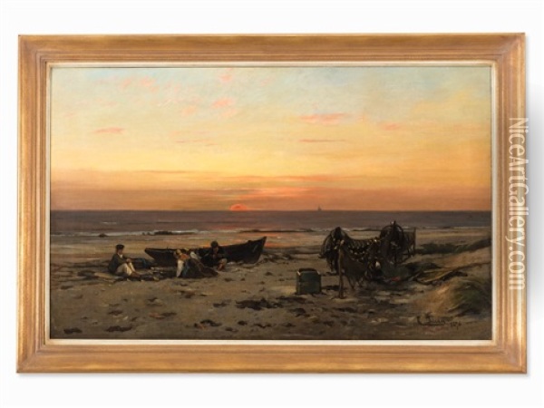 Coast With Fishermen Oil Painting - Eugen Gustav Duecker